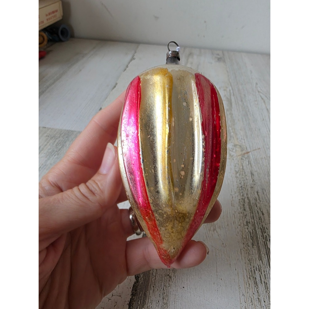 Antique fluted parachute tear drop glass ornament red white striped Xmas tree
